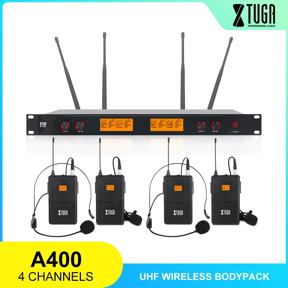 XTUGA A 400 металлическая 4 канальная UHF Беспроводная микрофонная система с Боди для