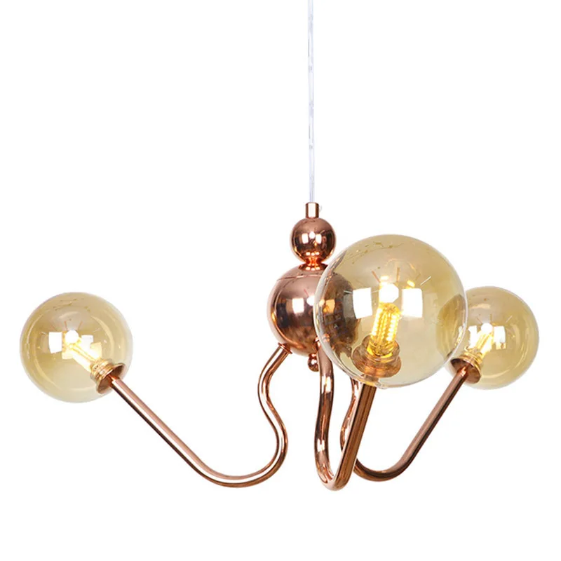 

Nordic Fashion Triple Heads of Clear Amber Glass Ball G4 LED Rose Golden Iron Shelf Cord Hanging Lights Droplights Living Room