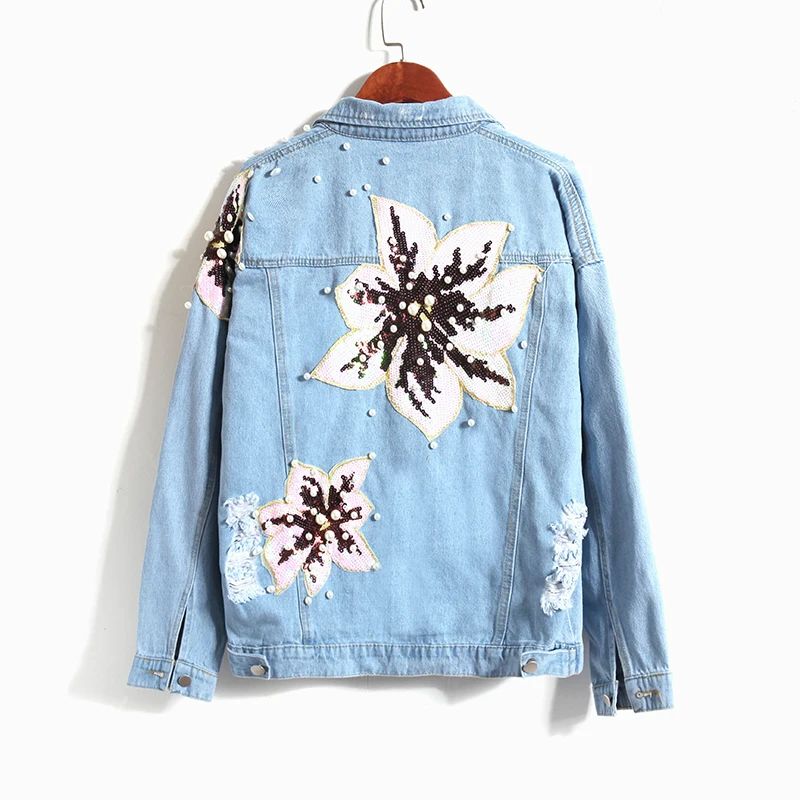 Spring Plus size Women's Pearl Beaded Flowers Sequins Hole Denim jacket Loose Vintage Washed Light Blue Female Casual Jeans coat
Spring Plus size Women's Pearl Beaded Flowers Sequins Hole Denim jacket Loose Vintage Washed Light Blue Female Casual Jeans coat