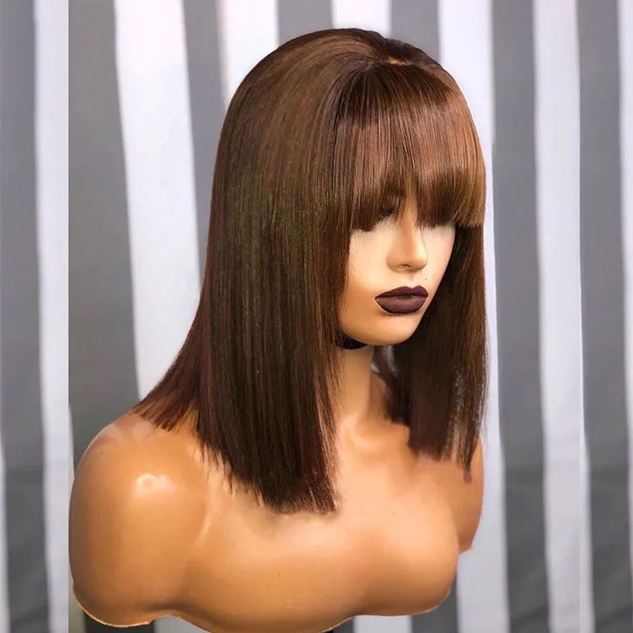 Customized Copper Brown Color 13x6 Lace Front Human Hair Wigs With Pre Plucked Brazilian 360 Remy Hair Straight with bangs Lace Frontal Wig