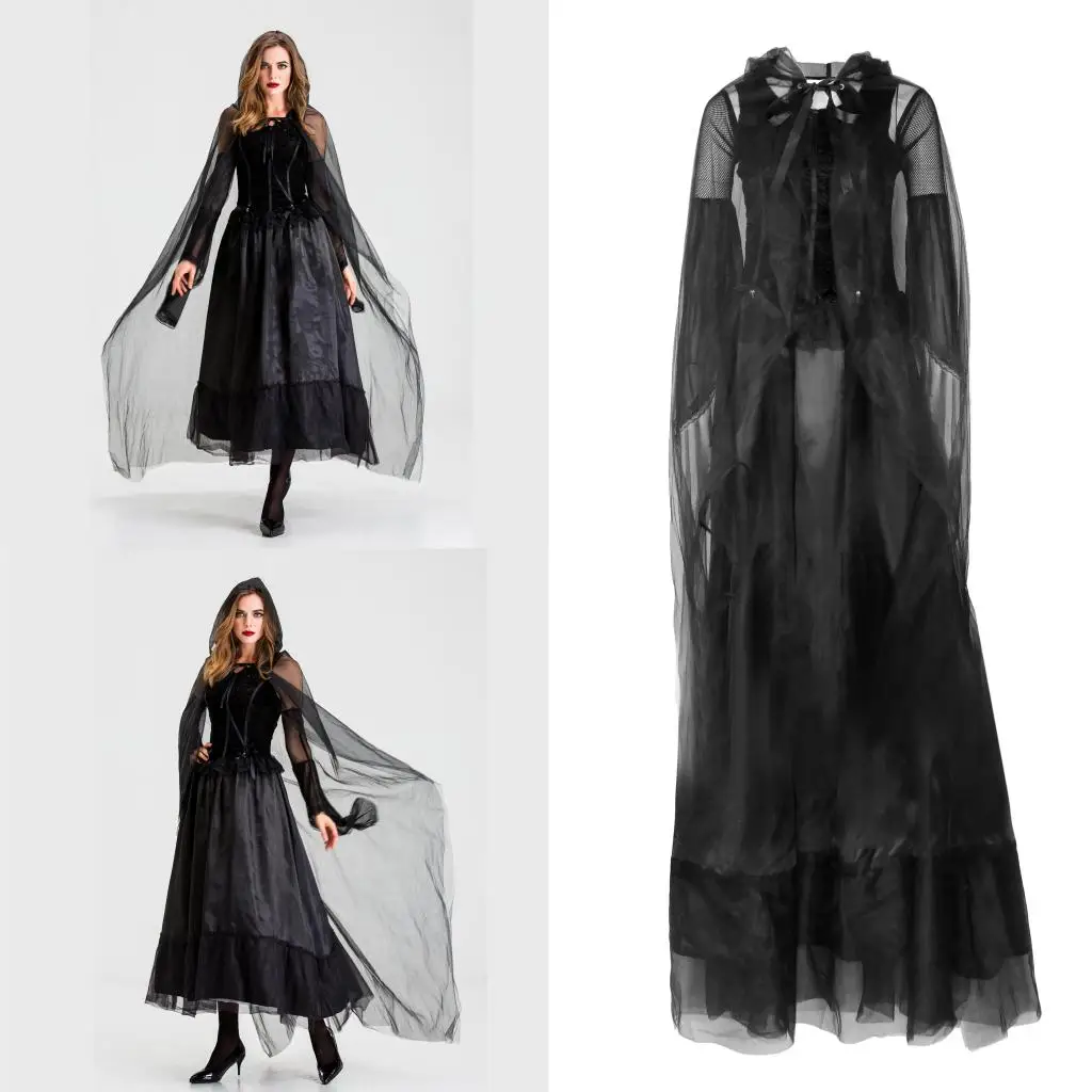 Black Veil Hooded Cloak Maxi Cape Long Dress Womens Costume Grim Reaper Party Halloween Cosplay Black Veil Hooded Cloak Maxi Cape Long Dress Womens Costume Grim Reaper Party Halloween Cosplay