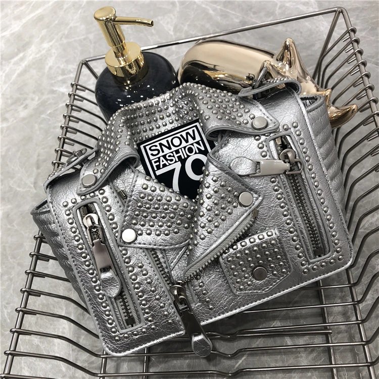 TekiEssica Designer Leather Zipper Cool Rivets Jacket Shaped Punk Motobike Silver Women Handbag Shoulder Bag Mini Crossbody Bag
TekiEssica Designer Leather Zipper Cool Rivets Jacket Shaped Punk Motobike Silver Women Handbag Shoulder Bag Mini Crossbody Bag