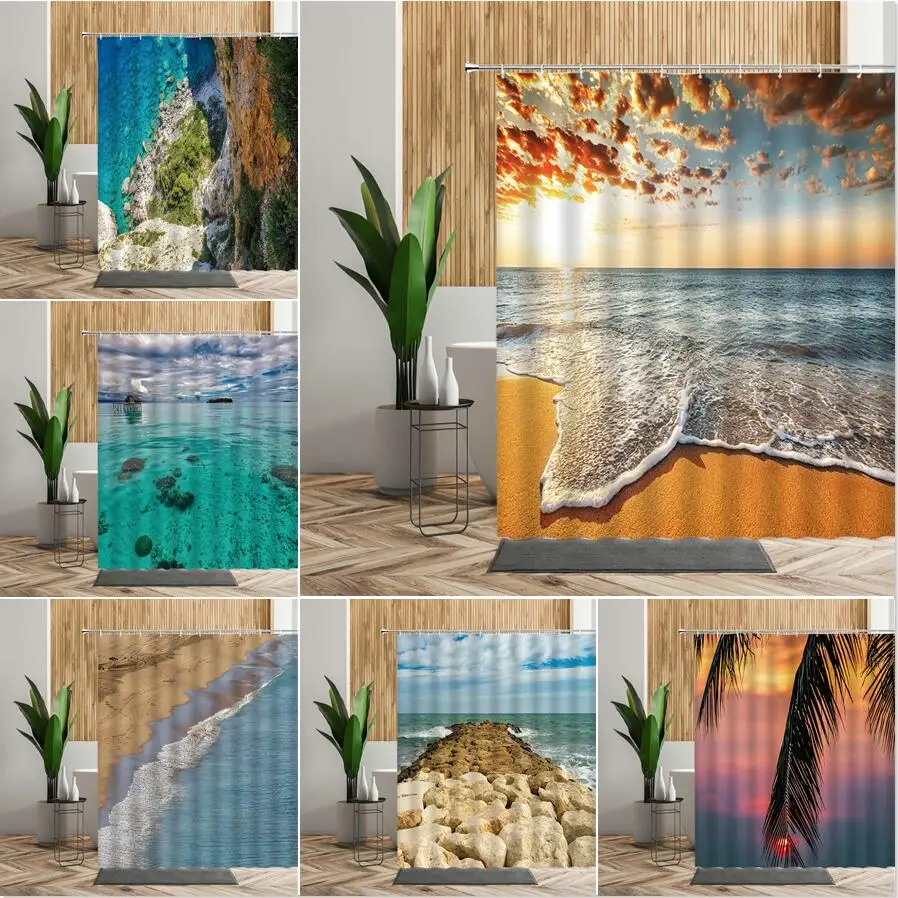 

Beach Shower Curtains Sets Sunset Dusk Sea Scenery Bath Room Curtain 3D Waterproof Backgdrop Fabric Printing Home Bathroom Decor