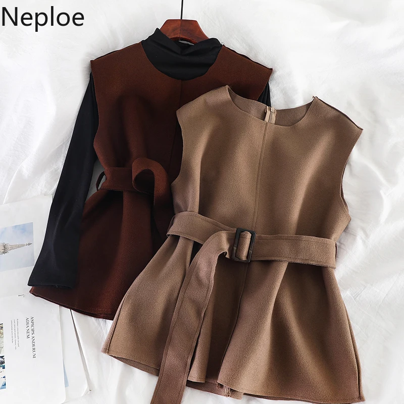 

Neploe Korean Mature Conjuntos De Mujer Solid Half High Collar Bottom T Shirt+ Slim Waist Lace Up Vest 2 Pcs Women Set 46743