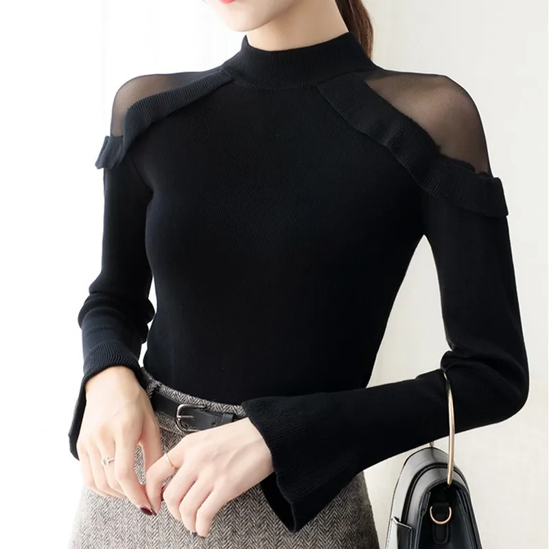 Solid Color Knitting Women's Sweater Mesh Splice Ruffle Pullover Sweater Women Bell Sleeve Women's Sweaters Winter Clothes Women
Solid Color Knitting Women's Sweater Mesh Splice Ruffle Pullover Sweater Women Bell Sleeve Women's Sweaters Winter Clothes Women