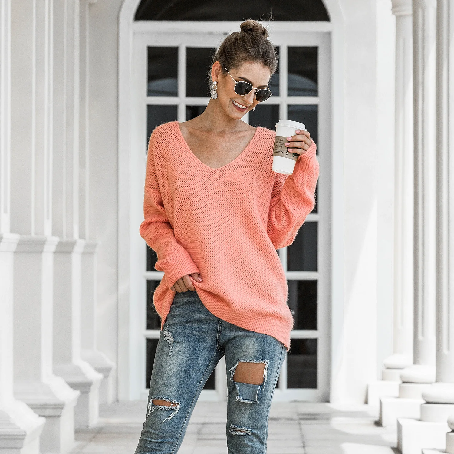 

New Autumn Winter Warm Women Sweater V Neck Ladies Casual Loose Knitted Pullover Plain Color Female Jumper 2020 Mujer Invierno