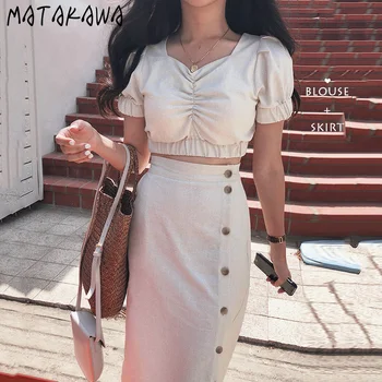 MATAKAWA Slim V-neck Pleated Short Bubble Sleeve Blouses + High Waist Side Single Breasted Skirt for Women Two Piece Set
MATAKAWA Slim V-neck Pleated Short Bubble Sleeve Blouses + High Waist Side Single Breasted Skirt for Women Two Piece Set