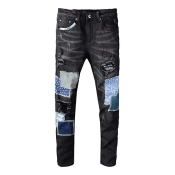 Sokotoo Men's black patchwork ripped jeans Streetwear patch design stretch denim pants Slim skinny trousers 
Sokotoo Men's black patchwork ripped jeans Streetwear patch design stretch denim pants Slim skinny trousers