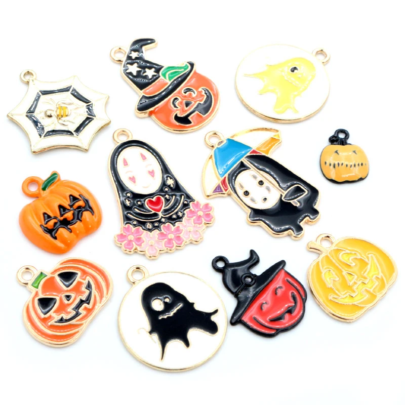 6pcs/lot Enamel Halloween Decorations Charms Pendant for Jewelry Making Pumpkin Ghost Spider Necklace Bracelet Supplies | Украшения и