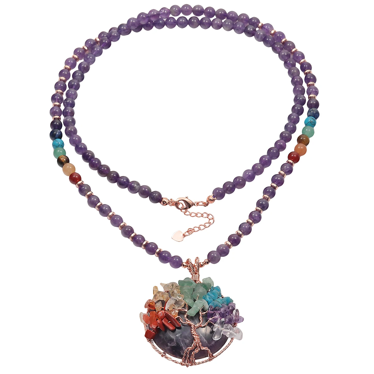 TUMBEELLUWA 7 Chakra Crystals Tree of Life Round Pendant Necklace 6mm Natural Stone Beads Gold Color Long Chain Healing Jewelry | Украшения