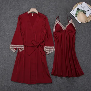 Satin Kimono Bathrobe Gown Burgundy Bride Bridesmaid Wedding Gown Lace Women Sleepwear 2PCS Robe Set Mini Sexy Nightgown
Satin Kimono Bathrobe Gown Burgundy Bride Bridesmaid Wedding Gown Lace Women Sleepwear 2PCS Robe Set Mini Sexy Nightgown