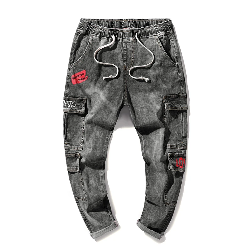Cargo Jeans Men Harem Pants Thin Gray Relaxed Tapered Jean Elastic Drawstring waist and Baggy Legs