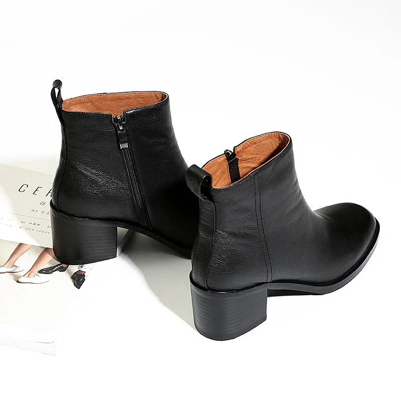 

Genuine Cow Leather Thick-heeled short boots women leather single boots square toe short boots thick-soled ankle boots
