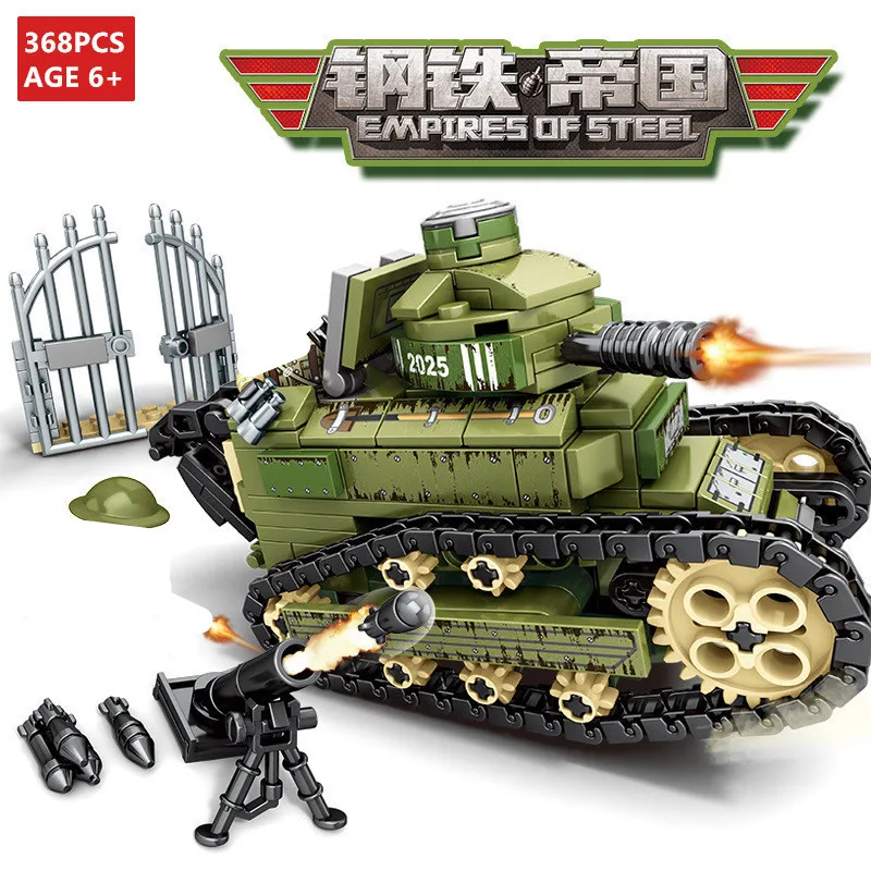 368Pcs WW2 Military Renault FT-17 Tank Building Blocks Sets Army Technic 2 Soldier Juguetes LegoINGLs Bricks Toys for Children
368Pcs WW2 Military Renault FT-17 Tank Building Blocks Sets Army Technic 2 Soldier Juguetes LegoINGLs Bricks Toys for Children