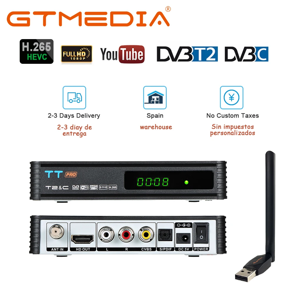 GTMEDIA TT Pro Wifi Free Digital Receiver DVB-T2/T DVB-C Support YouTube and FULL HD 1080P Receptor Full speed USB 3G dongle
GTMEDIA TT Pro Wifi Free Digital Receiver DVB-T2/T DVB-C Support YouTube and FULL HD 1080P Receptor Full speed USB 3G dongle