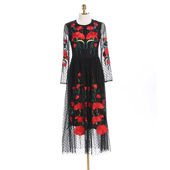 Beautiful Long Dress New Fashion Autumn New Full Sleeve Sexy Mesh Flowers Embroidery Slim Black Long Dress 
Beautiful Long Dress New Fashion Autumn New Full Sleeve Sexy Mesh Flowers Embroidery Slim Black Long Dress