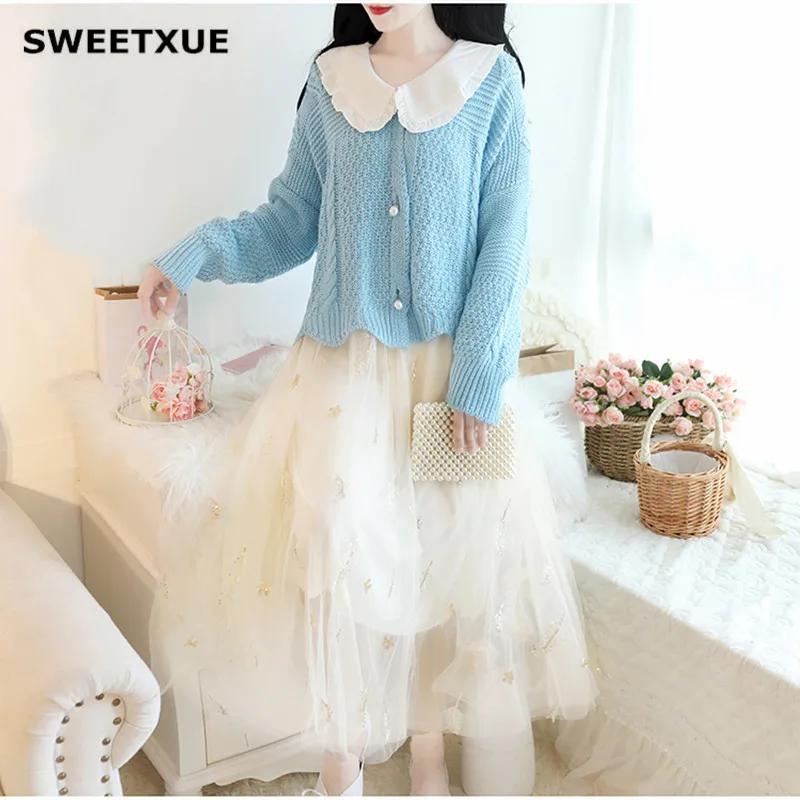SWEETXUE Autumn Winter Women Two Piece Set Loose Doll Collar Cardigan Knit Sweater Sequined Mesh Irregular Tulle Skirt Sets
SWEETXUE Autumn Winter Women Two Piece Set Loose Doll Collar Cardigan Knit Sweater Sequined Mesh Irregular Tulle Skirt Sets