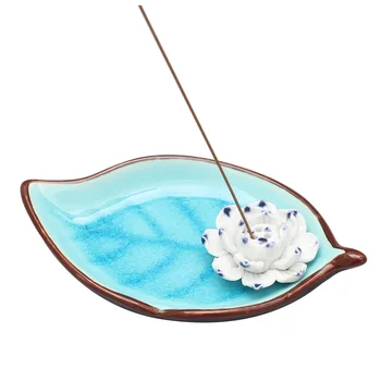 

Incense Stick Burner Holder-Ceramic Hand Painted Decorative Lotus Incense Burner Leaf-Incense Ash Catcher Tray (Aqua Blue)