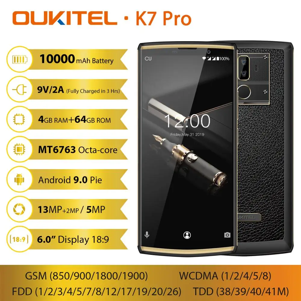

OUKITEL K7 Pro 4G RAM 64G ROM Smartphone 6.0" FHD+ 18:9 10000mAh Fingerprint 9V/2A Android 9.0 MT6763 Octa Core Mobile Phone