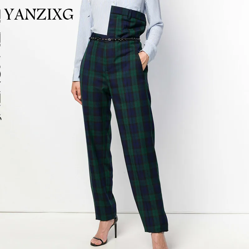 Фото 2019 Korean Fashion Irregular Waist Women Bottoms New Summer Spring Green Plaid Vintage Tide Female Pants Z472 | Женская одежда