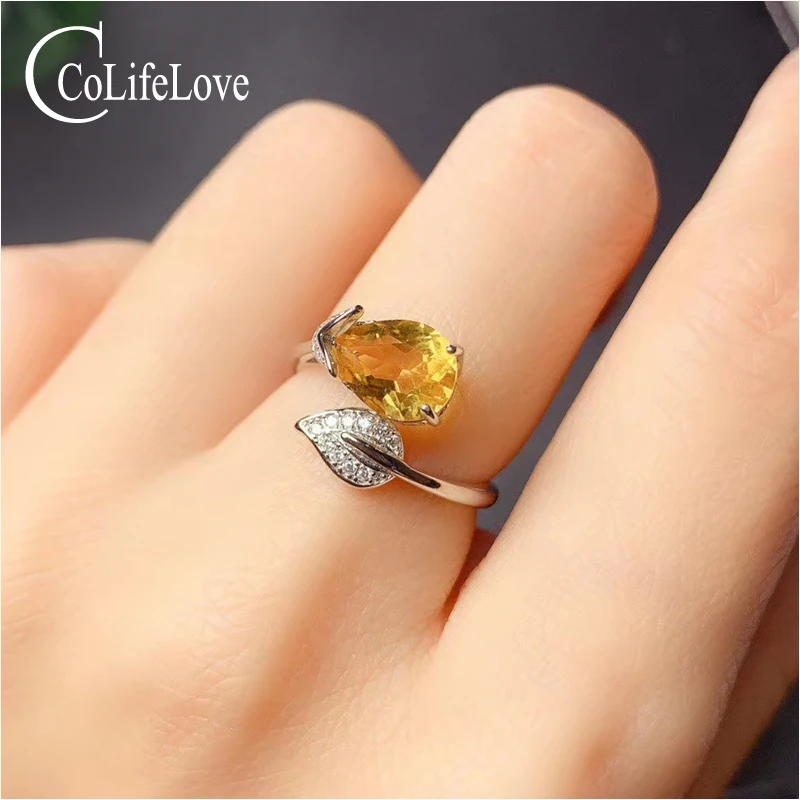 

CoLife Jewelry 925 Silver Leaf Ring for Daily Wear 7*9mm Natural Citrine Ring Fashion Silver Crystal Ring