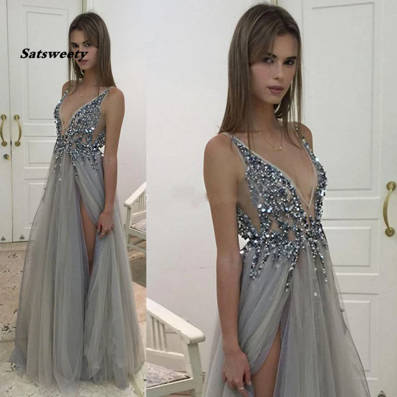 Real Photo High Split Evening Gowns Tulle A Line Gray Beading Long Formal Dresses 2020 Spaghetti Strap V Neck Vestido de festa
Real Photo High Split Evening Gowns Tulle A Line Gray Beading Long Formal Dresses 2020 Spaghetti Strap V Neck Vestido de festa
