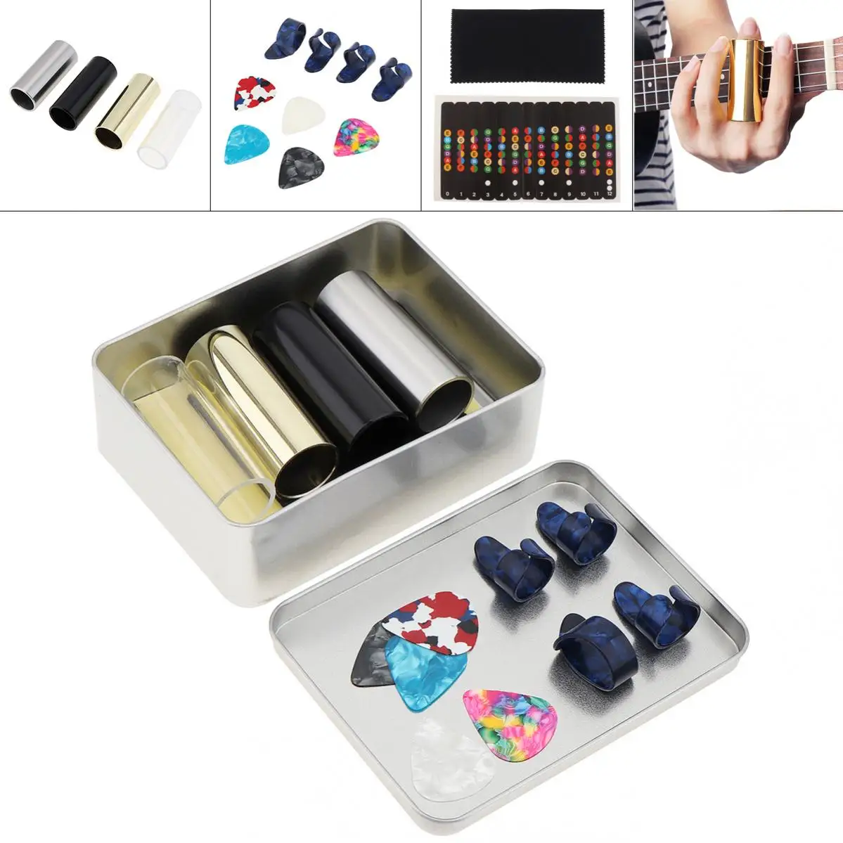 15pcs/lot Guitar Slide Picks Kit Stainless Steel Slides Finger Thumb Celluloid Guitar Picks Sticker with Box 
15pcs/lot Guitar Slide Picks Kit Stainless Steel Slides Finger Thumb Celluloid Guitar Picks Sticker with Box