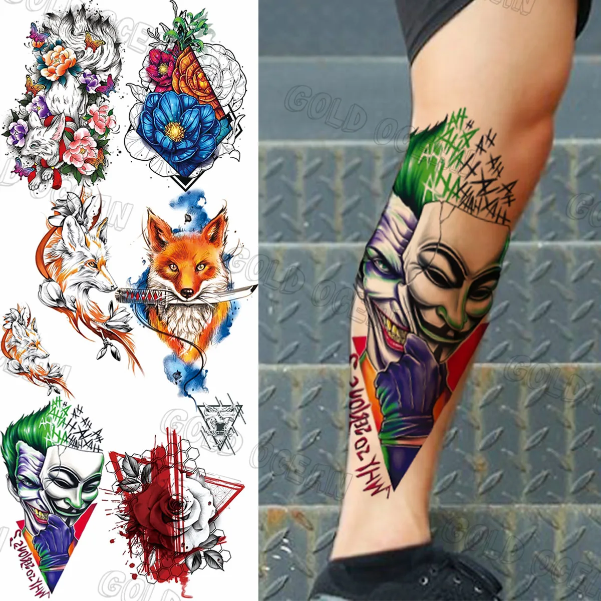 

Watercolor Colorful Halloween Clown Temporary Tattoos For Men Realistic Fox Flower Geometric Fake Tattoo Sticker Leg Body Tatoos