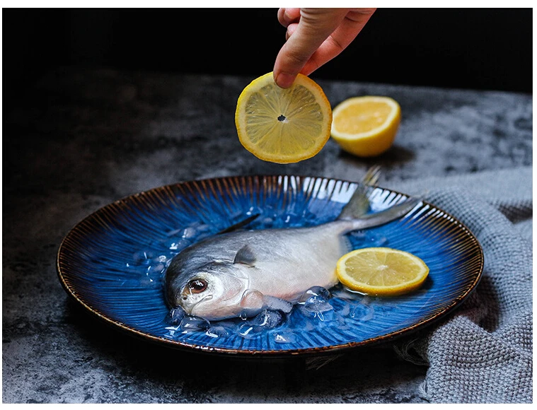 Western Style Ceramic Dish Deep Blue Pasta Plate Kitchen Tableware