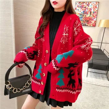 PEONFLY Women Knitted Cardigan Sweater Fashion V Neck Elk Christmas Tree Pattern Loose Single Breasted Casual Winter Jacket Coat
PEONFLY Women Knitted Cardigan Sweater Fashion V Neck Elk Christmas Tree Pattern Loose Single Breasted Casual Winter Jacket Coat