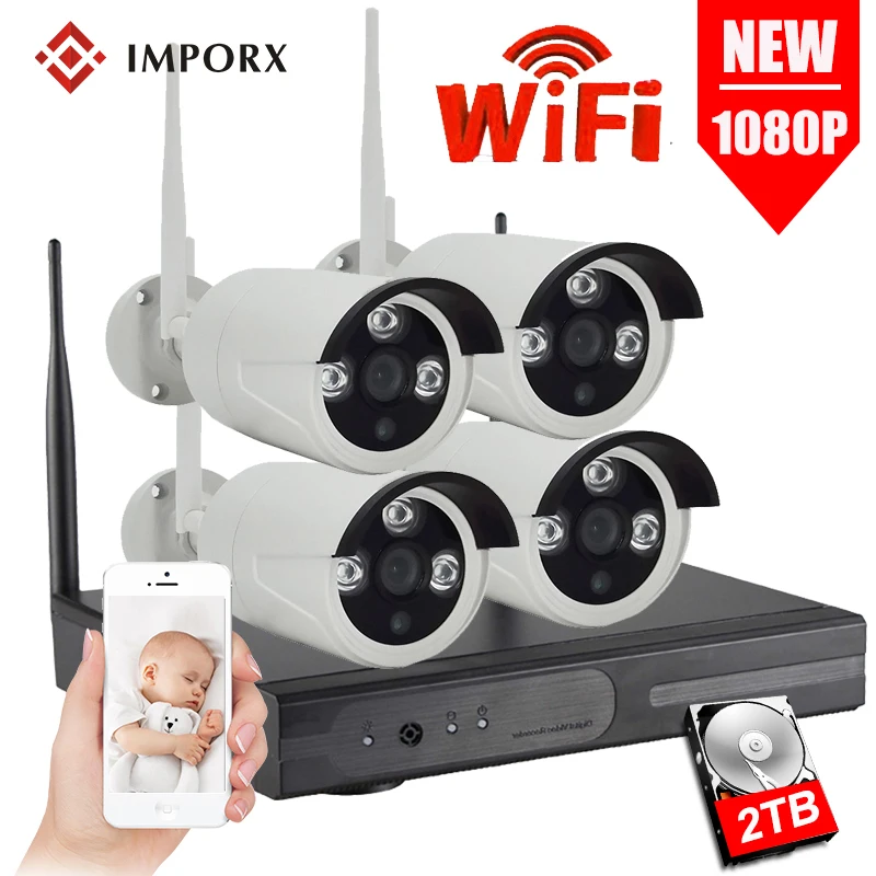 

IMPORX 4CH FULL HD 1080P 2.0MP WIFI NVR Kit Outdoor CCTV IP Camera Security System P2P Wireless Video Surveillance Set 2TB HDD