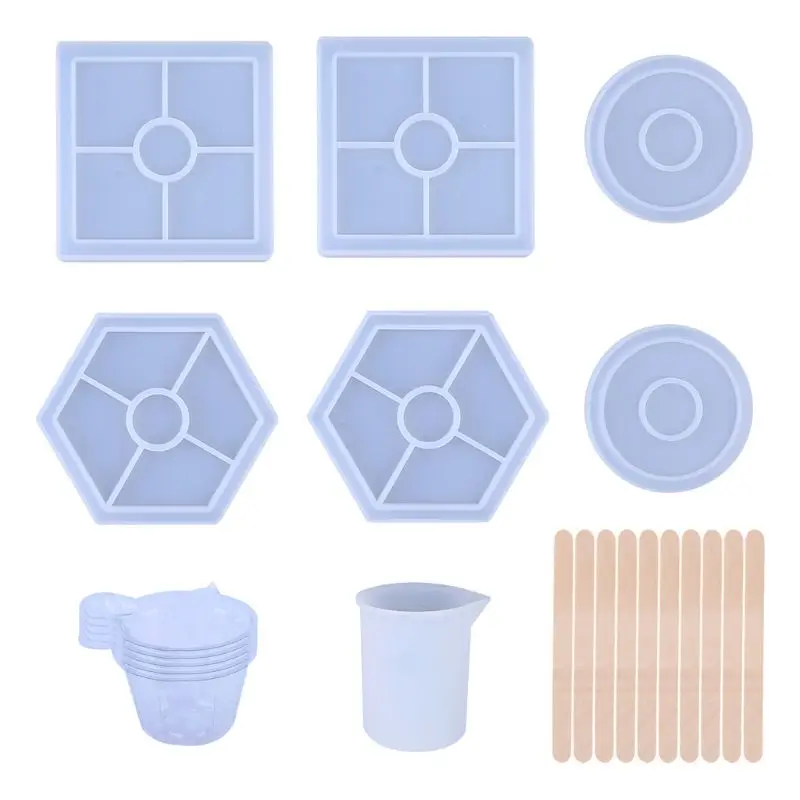 Silicone Resin Mold Set Square Round Hexagon Epoxy Mould with Measuring Cup Wood Stick DIY Coaster Home Decoration Accessories
Silicone Resin Mold Set Square Round Hexagon Epoxy Mould with Measuring Cup Wood Stick DIY Coaster Home Decoration Accessories