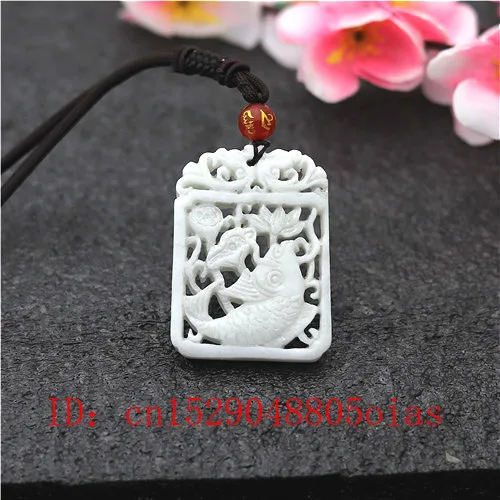 

Natural White Chinese Jade Carp Lotus Pendant Necklace Charm Jewelry Double-sided Hollow Carved Fish Amulet Gifts for Her