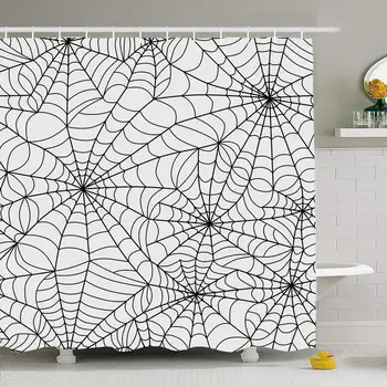 Shower Curtain Set with Hooks 72x78 Seamless Design Black Banner Goth Web Animal Construction Horror Spider Net Grey Textures