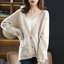 Women's Knitted Cardigan Jacket 100% Pure Wool Thick Loose V-Neck New Twist Cashmere Sweater Korean Fashion Bottoming Long Sleev
Women's Knitted Cardigan Jacket 100% Pure Wool Thick Loose V-Neck New Twist Cashmere Sweater Korean Fashion Bottoming Long Sleev