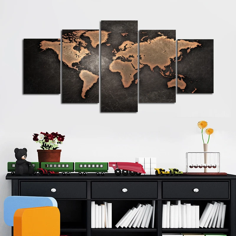 5 Panels Black World Map Canvas Art Wall Paintings For Living Room Abstract Modular Picture Decorative Decor | Дом и сад