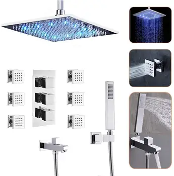 Luxury Thermostatic Shower Systems with Body jets and Tub Spout, 12" LED Rain Showerhead and Handheld shower Combo Set,Chrome