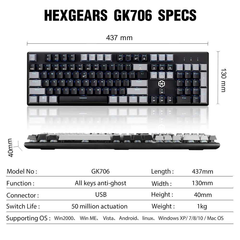 Hexgeards GK706 Механическая игровая клавиатура kailh MX Синий переключатель 104 ключ