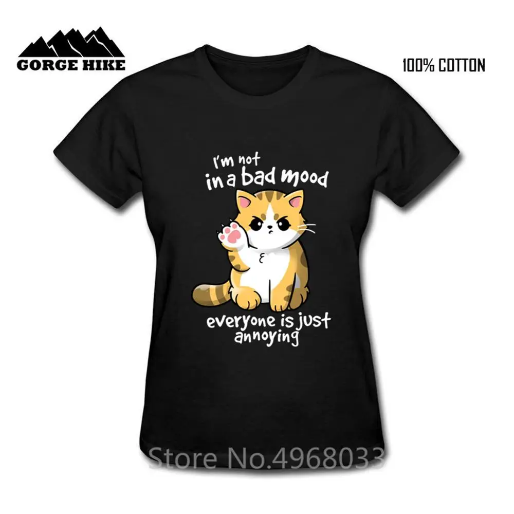Фото Funny I'm not in a bad mode Letter Print T-shirt everyone is just annoying Cat kitten kitty black T shirt Women Summer Top Tees | Женская