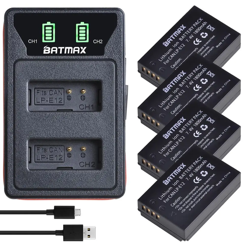 4Pcs 1800mAh LP-E12 LPE12 LP E12 Digital Camera Battery + LED Built-in USB Charger for Canon 100D Kiss X7 SL1 M10 M50
4Pcs 1800mAh LP-E12 LPE12 LP E12 Digital Camera Battery + LED Built-in USB Charger for Canon 100D Kiss X7 SL1 M10 M50