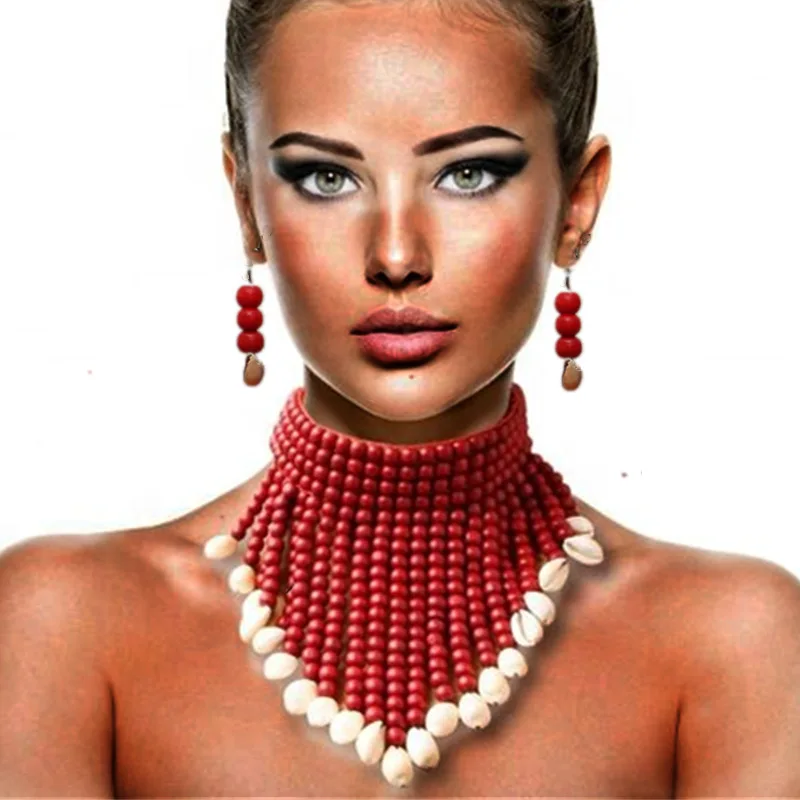 

African Statement Chunky Choker Necklaces For Women Multi Strand Colorful Bead Layered Necklace Fashion Jewelry Earrings Set