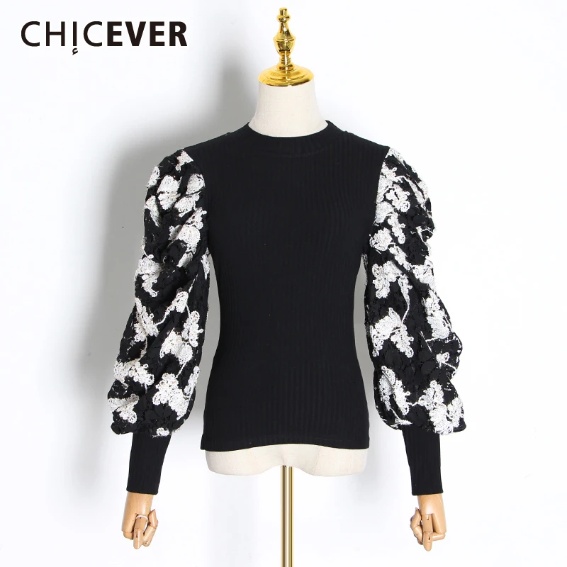 Женский свитер CHICEVER вязаный с О-образным вырезом и рукавом-фонариком рюшами |
