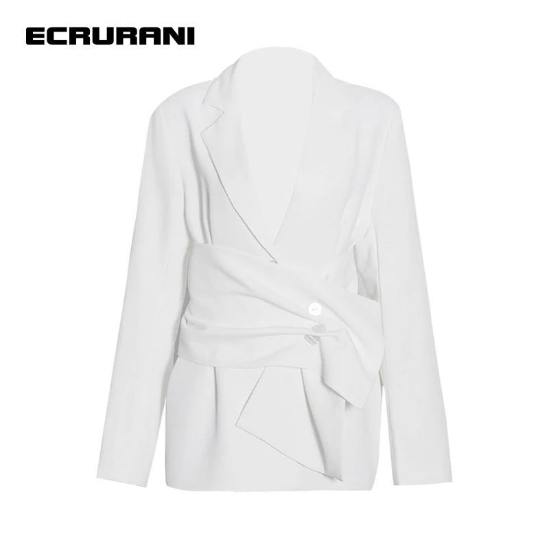 

ECRURANI White Patchwork Casual Blazer For Women Notched Long Sleeve Sashes Tunic Temperament Blazers Females 2021 Fashion Style