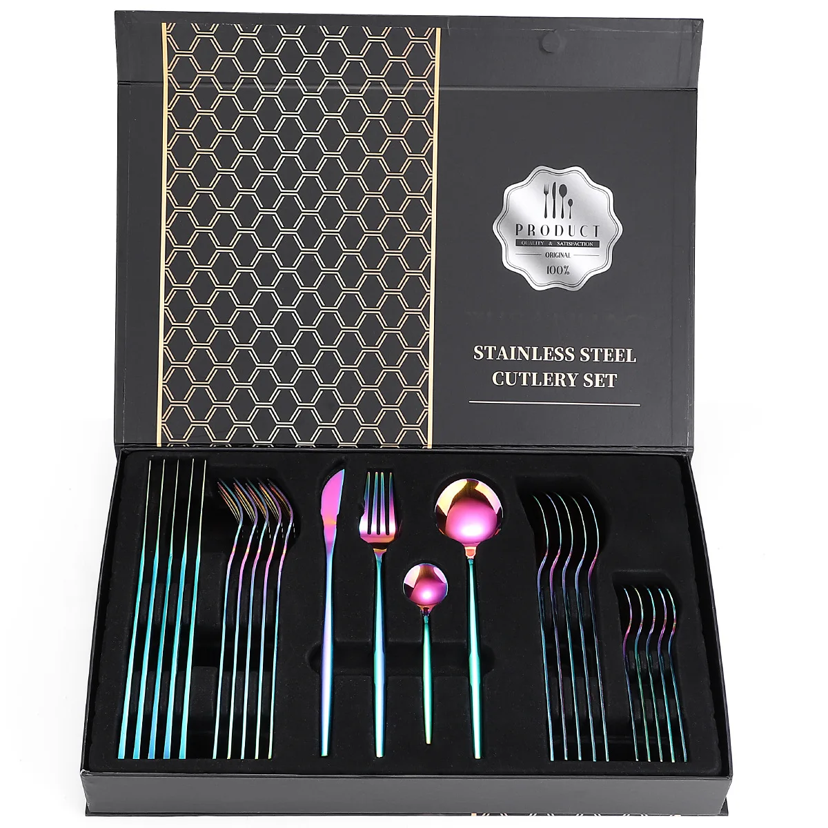 24PCS Rainbow Tableware Set Fork Spoon Knife Steak Cutlery Set 304 Stainless Steel Dinner Dinnerware Set Holiday Black Gift Box
24PCS Rainbow Tableware Set Fork Spoon Knife Steak Cutlery Set 304 Stainless Steel Dinner Dinnerware Set Holiday Black Gift Box