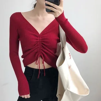 New sweater women Sexy lace up knitting pullover top Fashion autumn winter Chic pink V-neck knit slim jumper pull femme 
New sweater women Sexy lace up knitting pullover top Fashion autumn winter Chic pink V-neck knit slim jumper pull femme