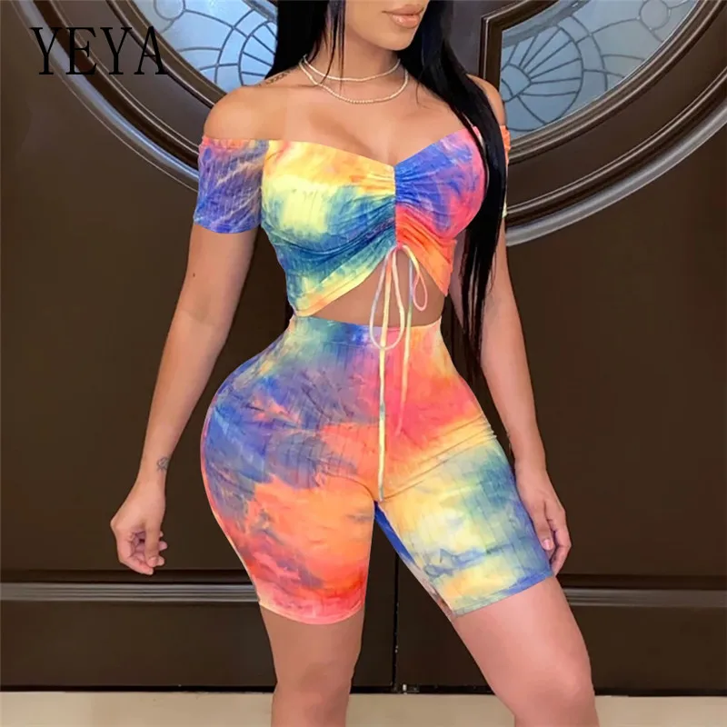 YEYA Tie Dye Print Knitted Two Piece Sets for Women Off Shoulder Short Sleeve Drawstring Summer Casual Tracksuit Matching Sets
YEYA Tie Dye Print Knitted Two Piece Sets for Women Off Shoulder Short Sleeve Drawstring Summer Casual Tracksuit Matching Sets