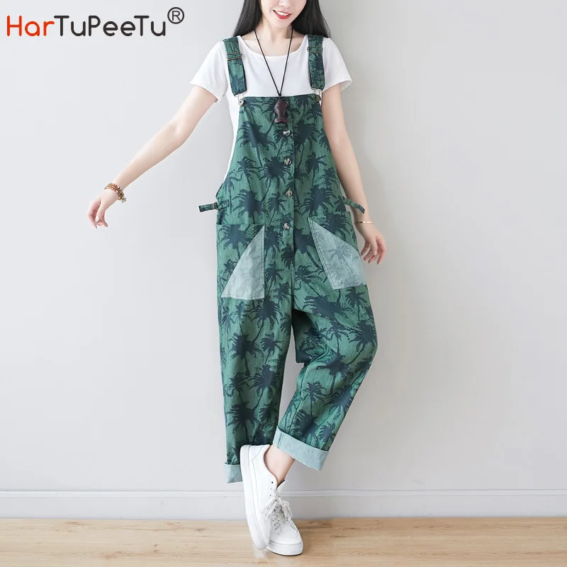 

2021 New Spring Fall Jumpsuit Women Coconut Tree Print Cotton Overalls Plus Size Loose Casual High Waist Bib Pants with Pockets