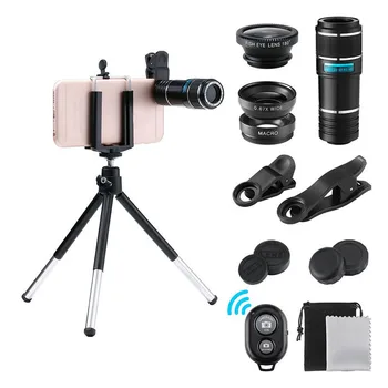 Phone Camera External Telephoto 12x Zoom Lens Tripod Kit Fish Eye Wide Angle Macro Lens Set