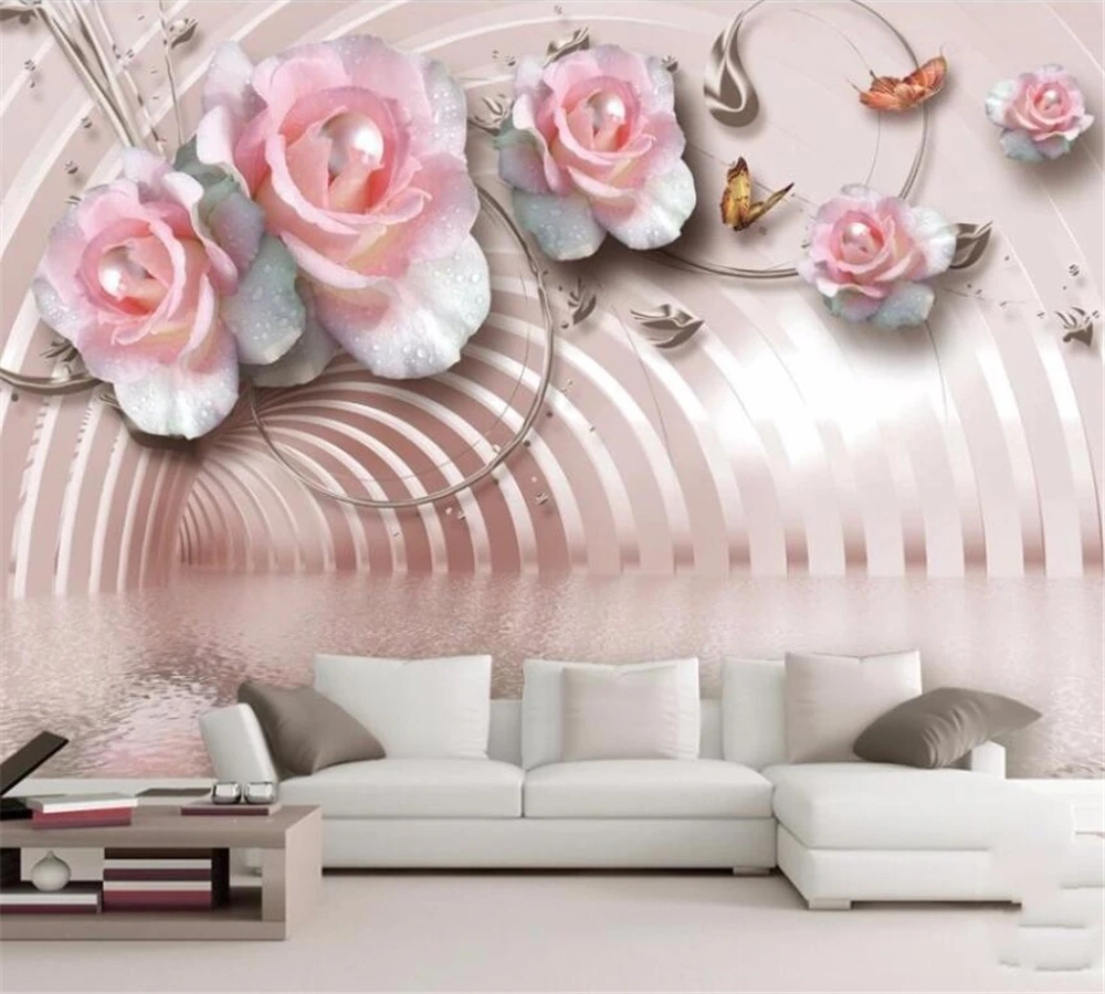 beibehang HD custom 3D wallpaper mural photo fashion crystal pearl rose butterfly romantic European home TV background wall |