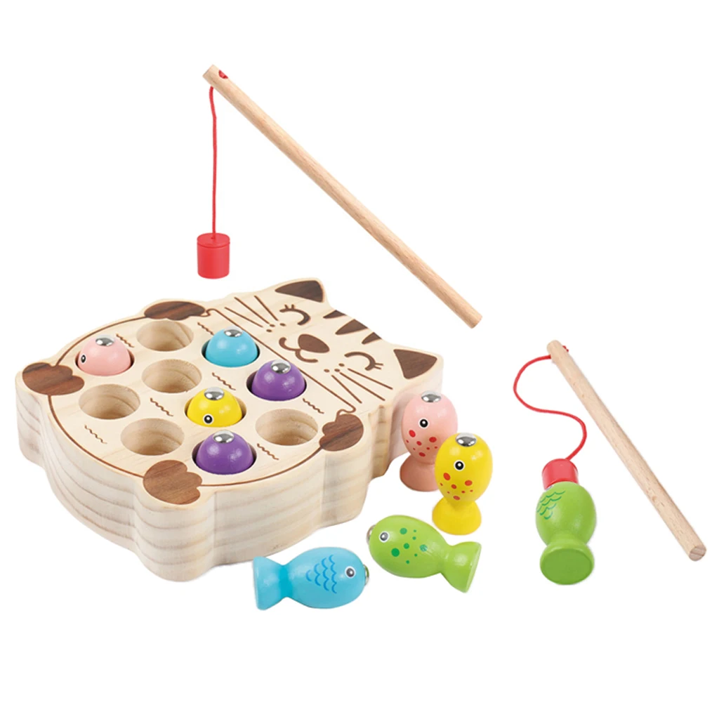 Magnetic Wooden Puzzle Fishing Game Playset with 10 Fishes, 2 Poles, and 1 Fishing Cat Board Magnetic Wooden Puzzle Fishing Game Playset with 10 Fishes, 2 Poles, and 1 Fishing Cat Board